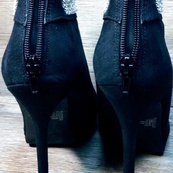 L. Miller Faux Suede Rhinestone Peep Toe Stiletto Ankle Bootie Boots - Picture 3 of 5